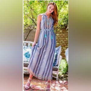 THML Embroidered Striped Boho Maxi Dress Size S